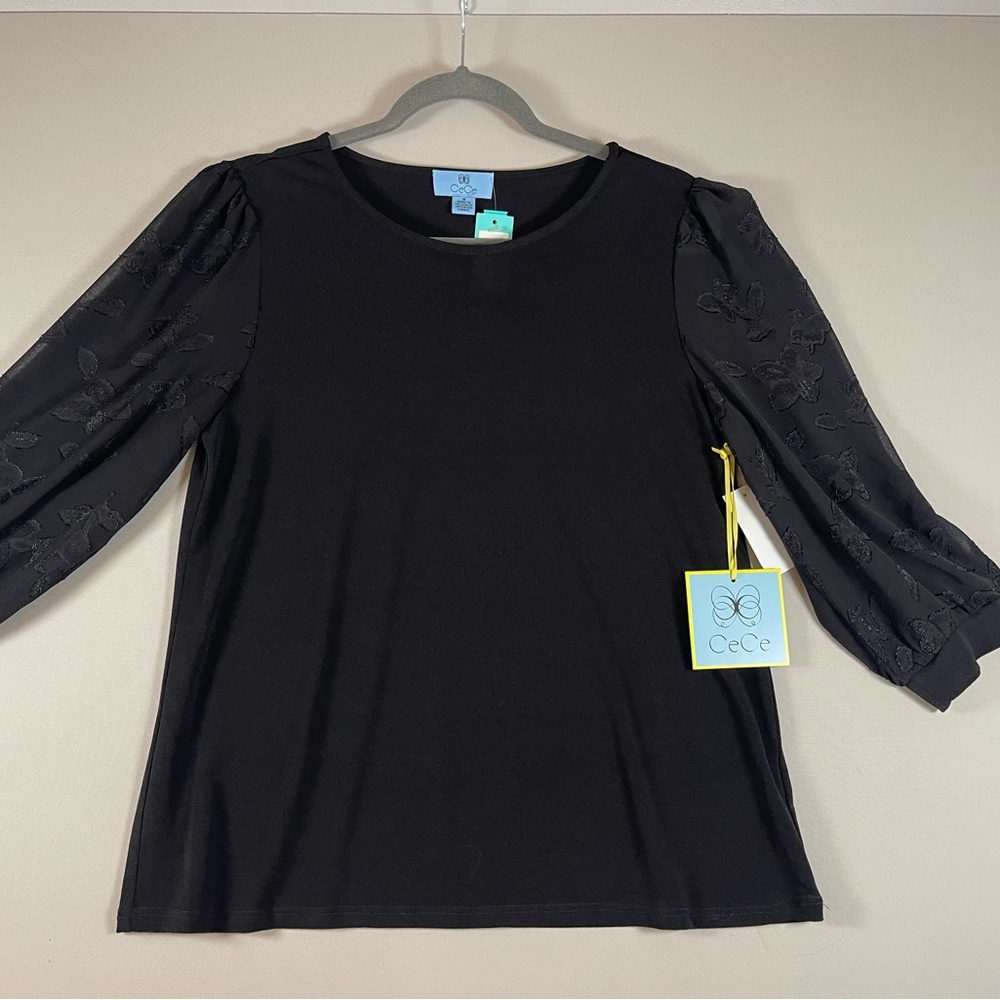 CeCe Black Blouse with Sheer Floral Sleeves